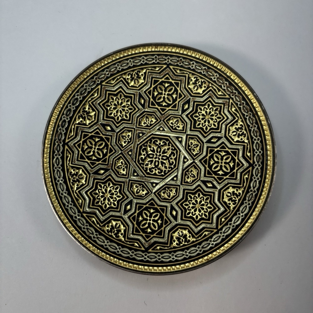 Vintage DAMASCENE TOLEDO SPAIN 24K Inlaid Gold Plate 3" Footed Trinket Dish